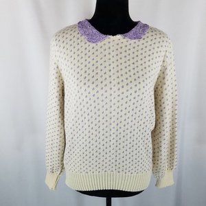 Sugar Tops sweater cream/purple knit cottage corps/coastal‎ grandma M/L VTG